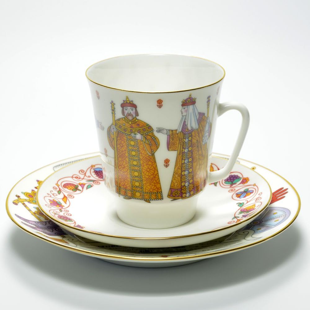Lomonosov Porcelain Bone China Tea Set Cup, Saucer and Cake Plate Tsar Feodor Ioannovich 5.6 oz/165 ml, White, Blue, Red