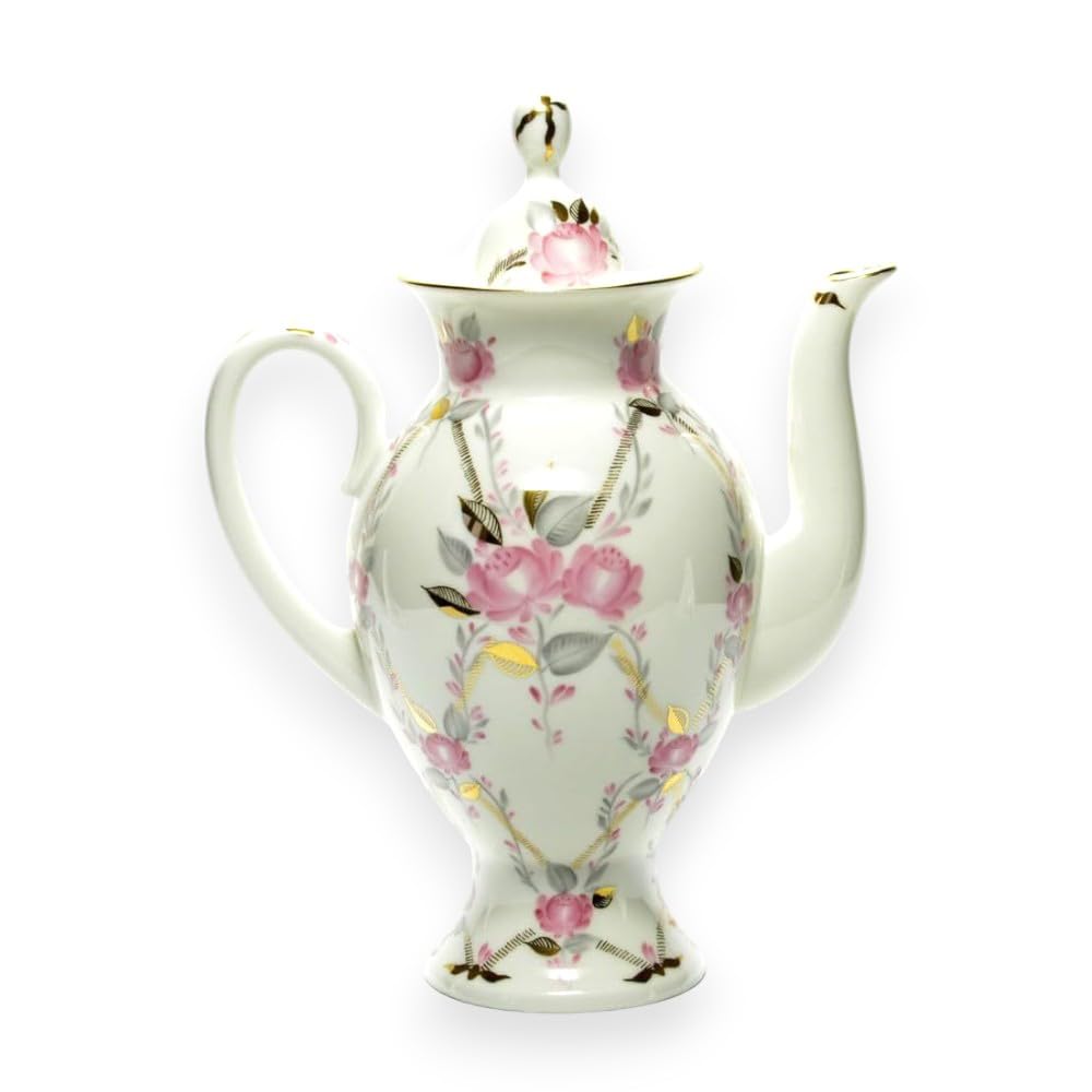 LOMONOSOV IMPERIAL BONE CHINA PORCELAIN COFFEE/TEA POT GALLANT 630 ml 21.3 oz, White, Pink, Green