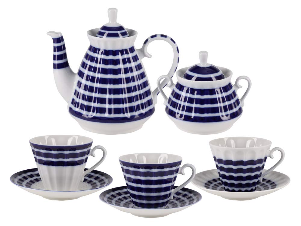 Lomonosov Porcelain Tea Set Blue Stripes 14 items for 6 persons
