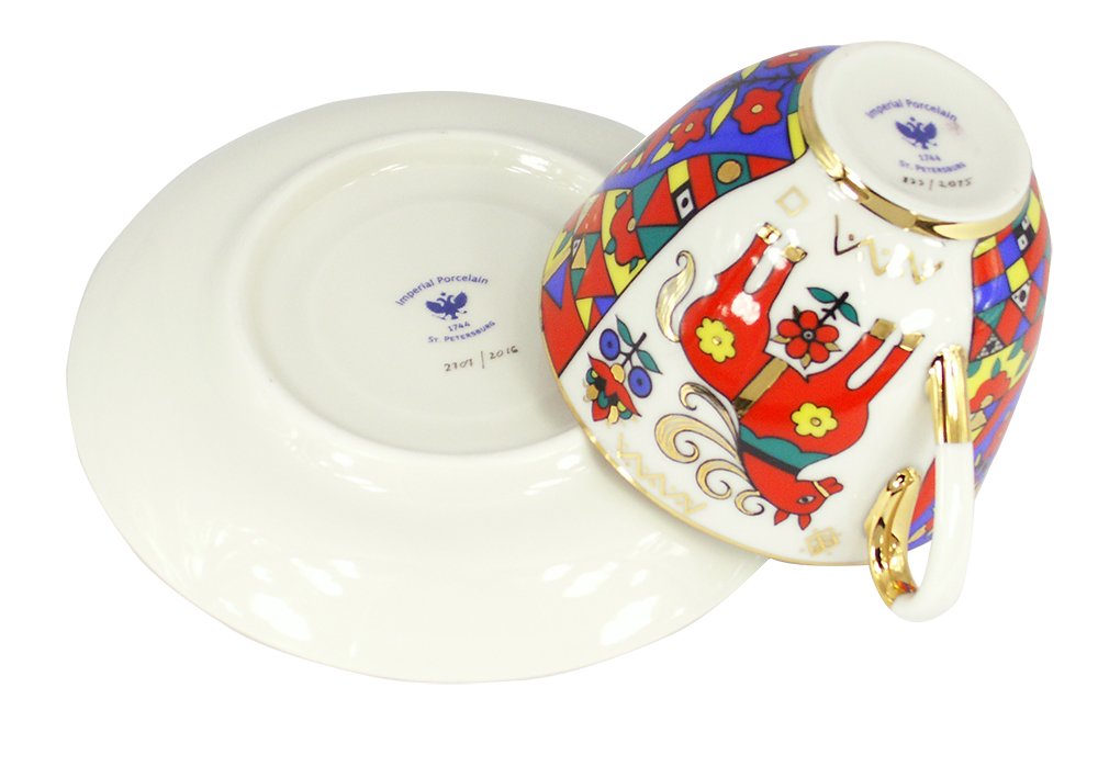 Lomonosov Porcelain Tea Set 2pc Cup and Saucer Spring Folk Designs 7.8 oz/230 ml