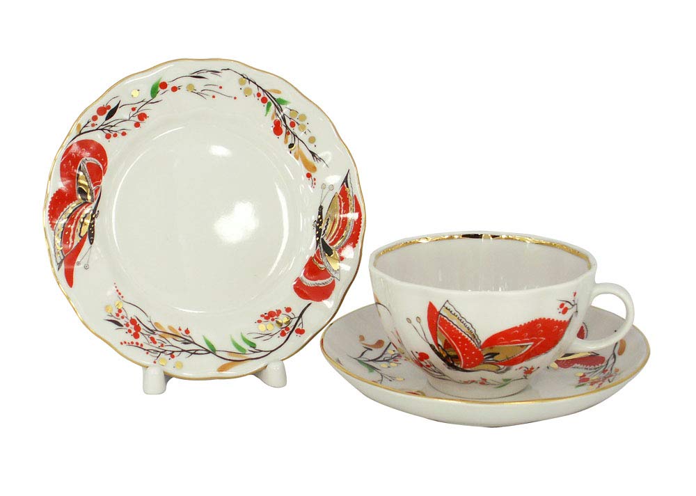 Lomonosov Porcelain Tea Set Cup, Saucer and Cake Plate Red Butterflies 3pc