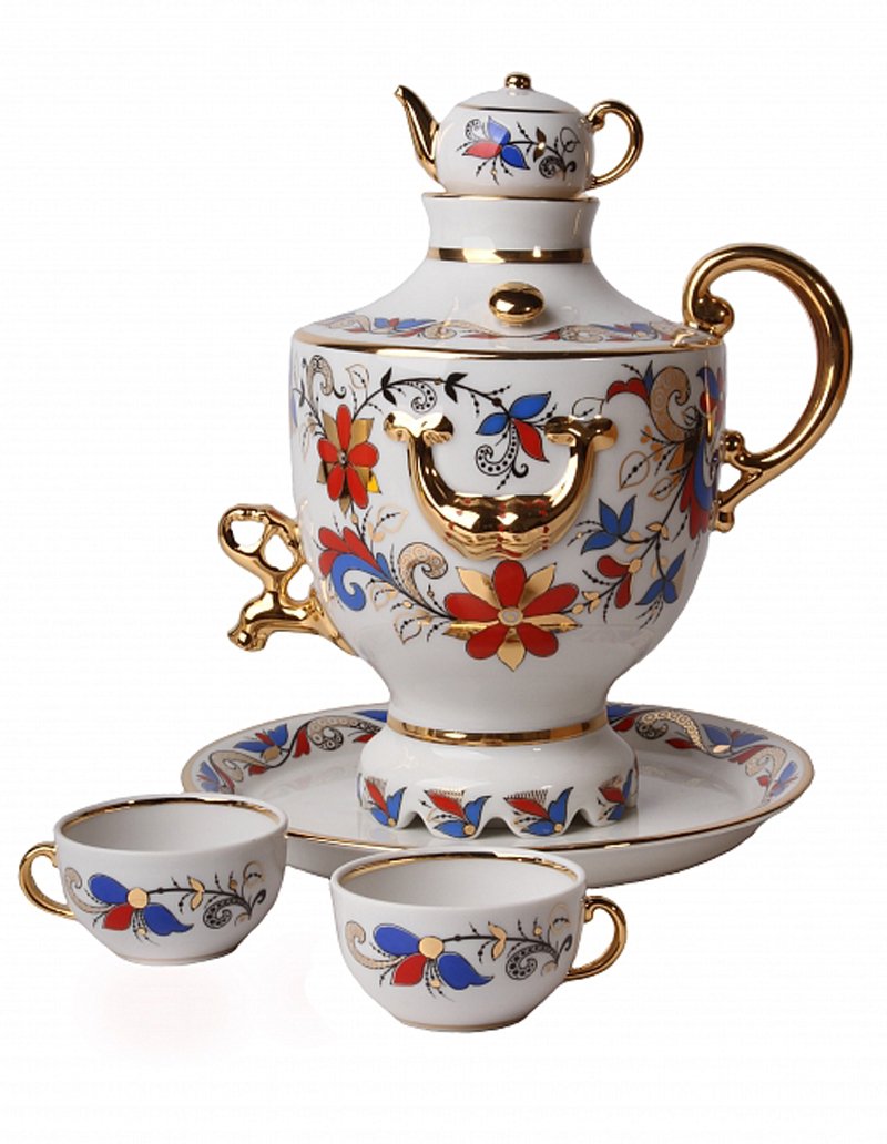 Lomonosov Porcelain Wine Set Samovar Decanter Souvenir 30.4 oz/900 ml with 2 Shots/Cups and Tray