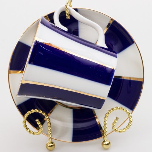 Imperial / Lomonosov Porcelain Mug w/ Saucer "Cobalt Stripes"