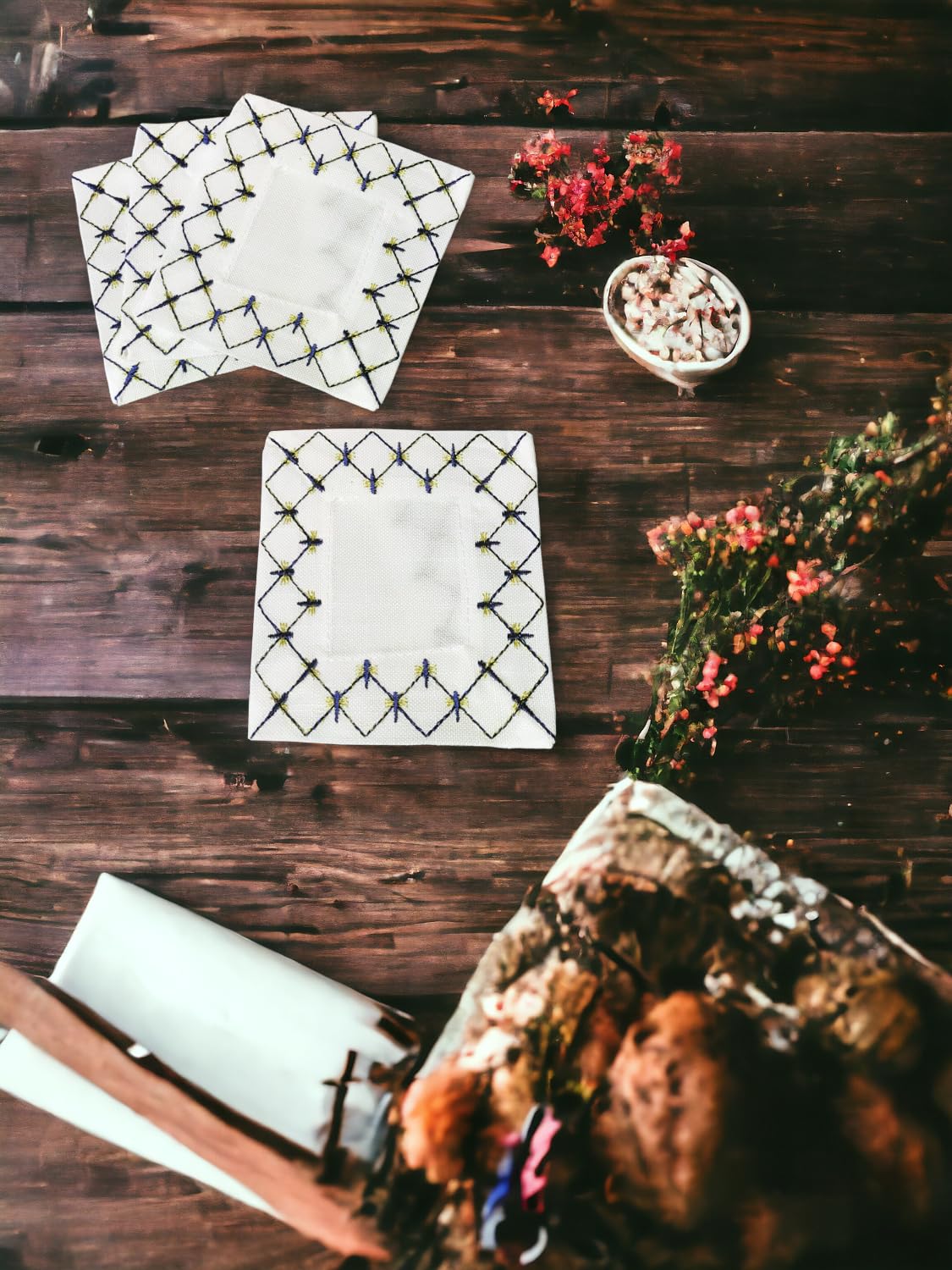 Lomonosov Embroidered Cobalt Net Patterns Table Accessories Set of 4