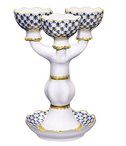 Lomonosov Porcelain 3-Prong Candlestick Cobalt Net