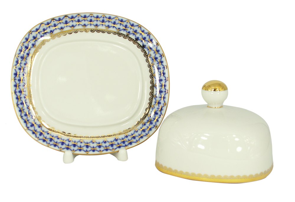 Lomonosov Porcelain Butter Holder Dish Rectangular Cobalt Net