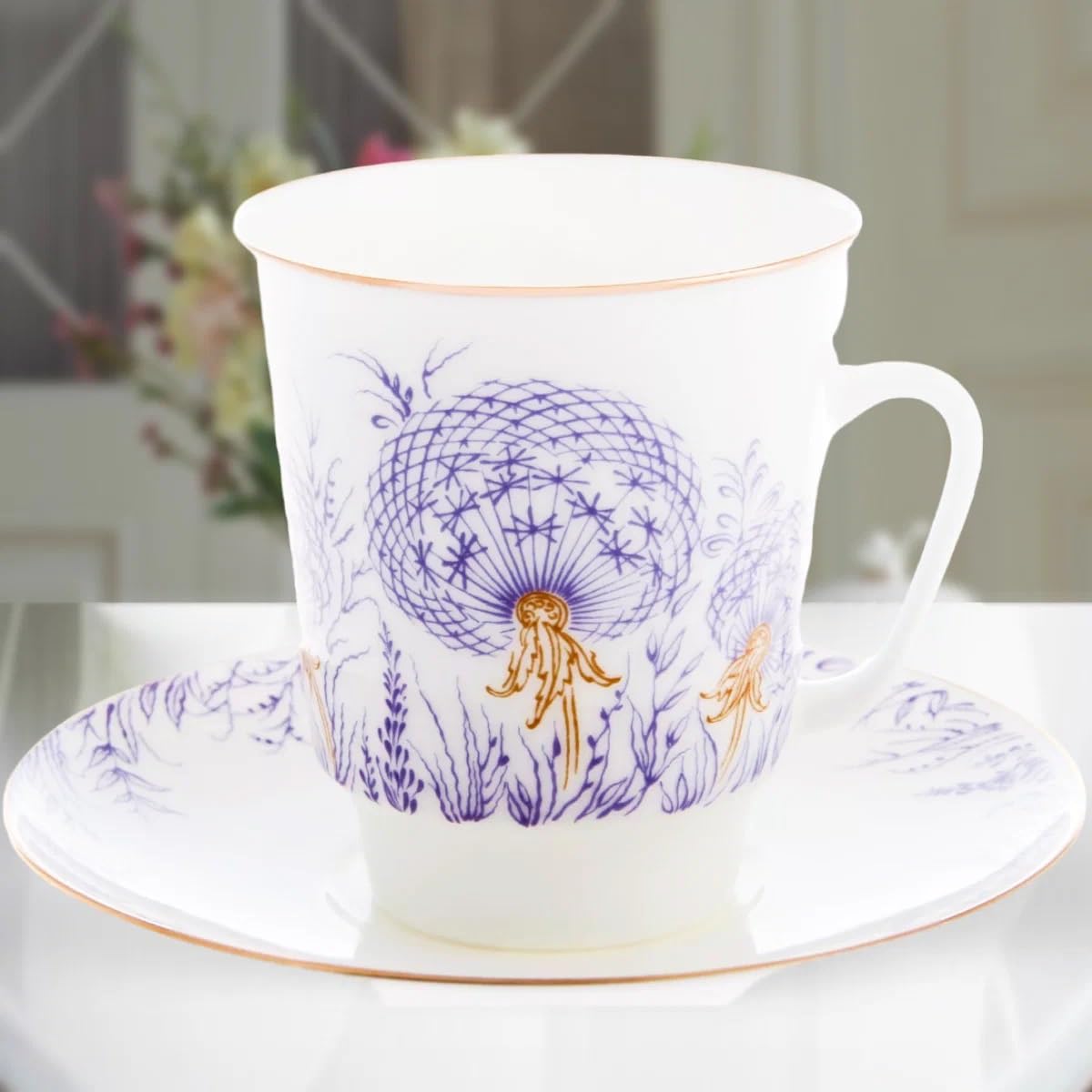 Lomonosov Porcelain Bone China Espresso Size Coffee Cup and Saucer 2pc Purple Dandellion