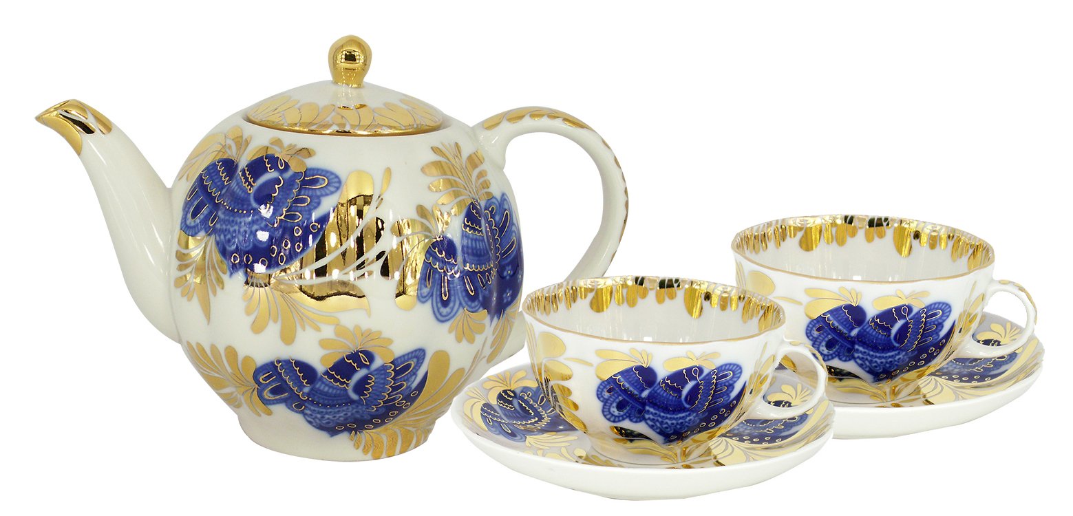 Big Tea Pot 68 oz/2000 ml Golden Garden and 2 Tea Cups Lomonosov Porcelain Factory