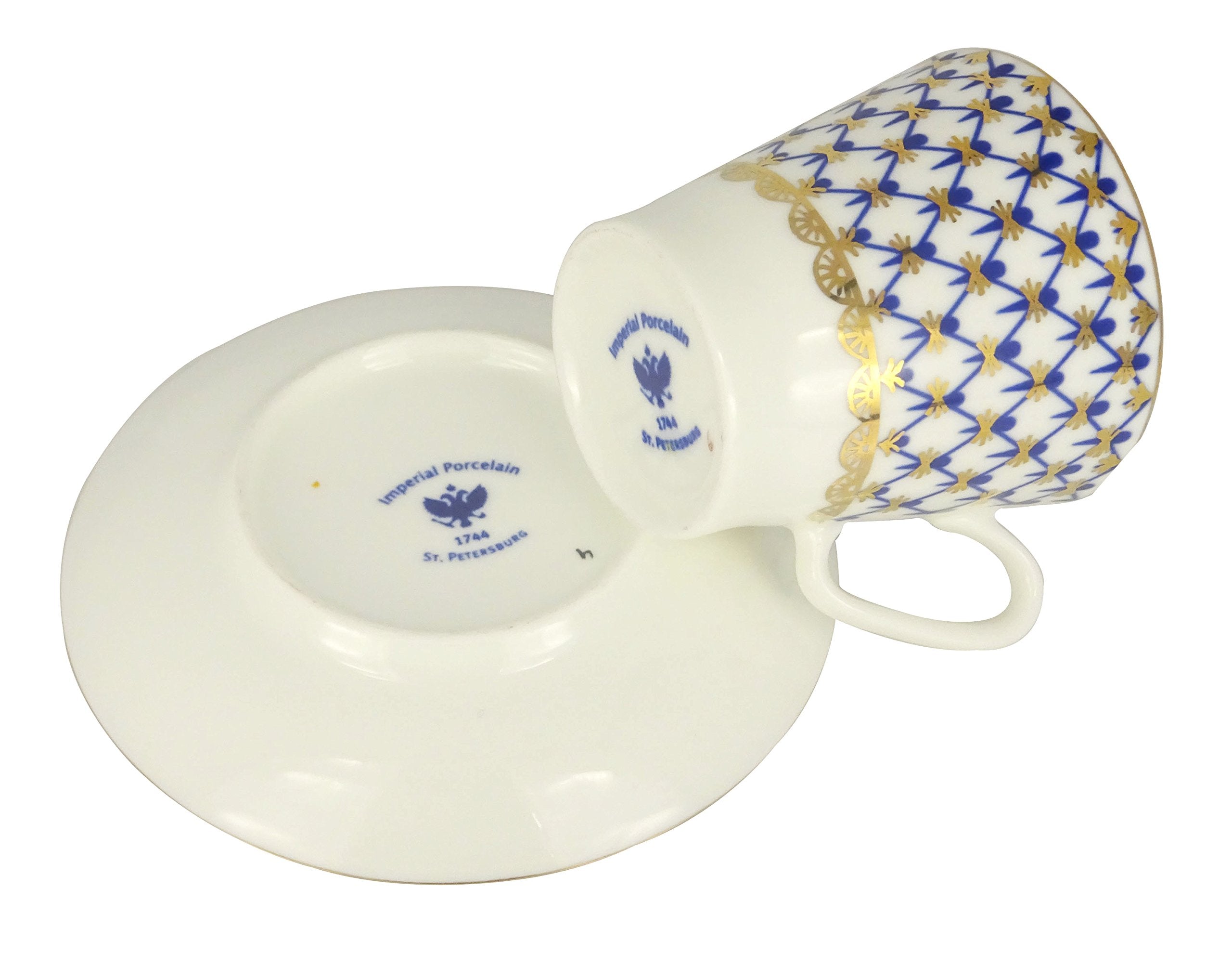 Lomonosov Porcelain Bone China Black Coffee Espresso Cup and Saucer Cobalt Net 2.71 fl.oz/80 ml