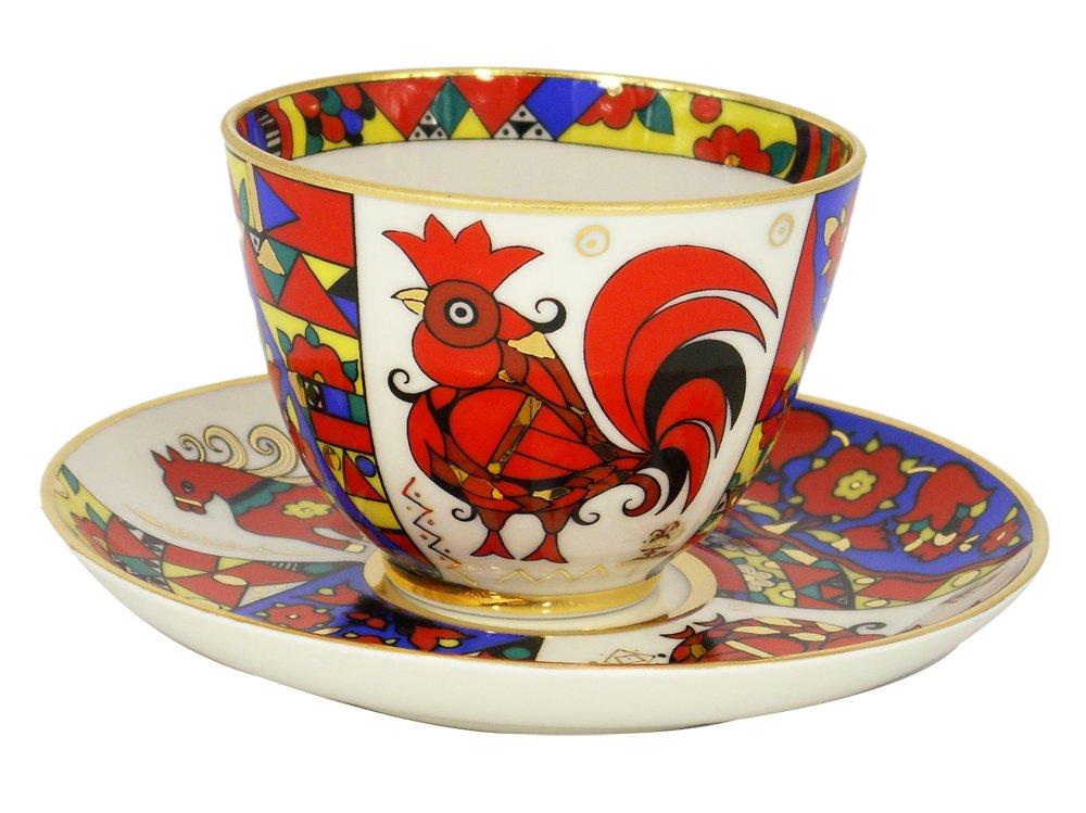 Lomonosov Porcelain Tea Set 2pc Cup and Saucer Spring Folk Designs 7.8 oz/230 ml