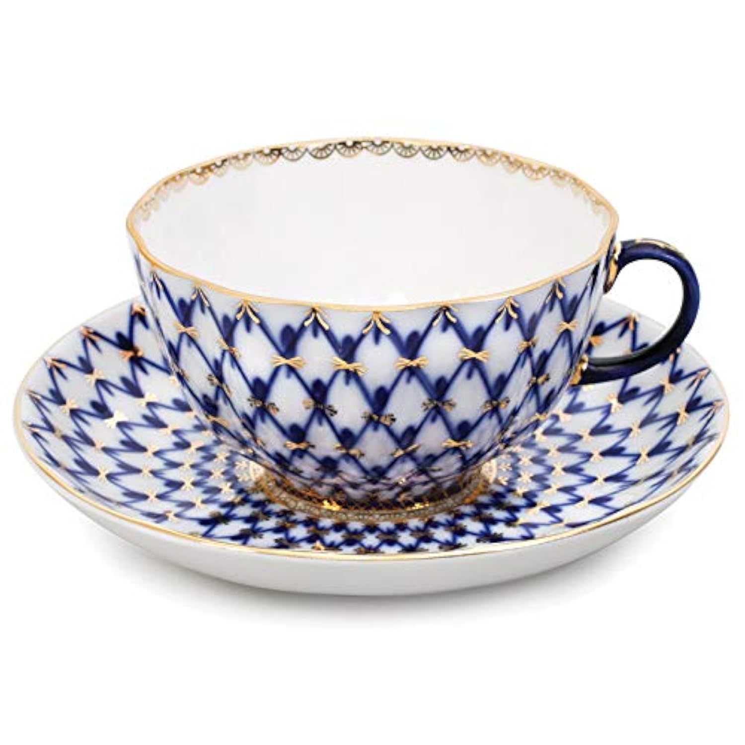 Imperial/Lomonosov Porcelain Teacup w/Saucer"Tulip Cobalt Net"