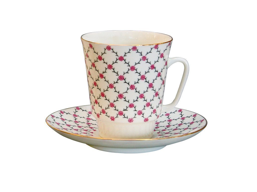 Lomonosov Bone China Porcelain May Coffee Set Pink Net 2pc 5.6 fl.oz/165 ml