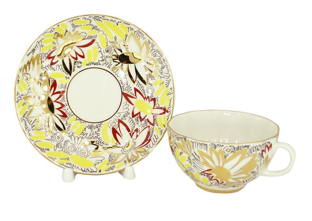 Lomonosov Porcelain Tea Set Cup and Saucer Tulip Golden Daisy 8.45 oz/250 ml