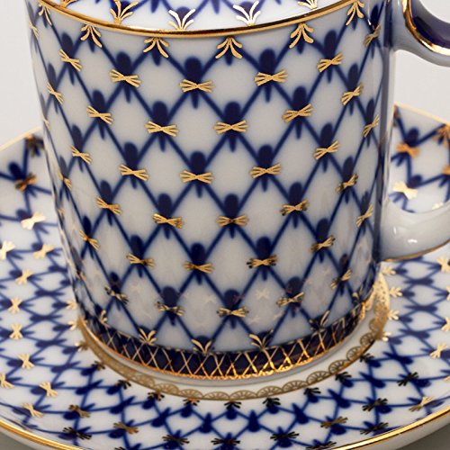 Imperial / Lomonosov Porcelain Mug w/ Lid and Saucer 'Cobalt Net'
