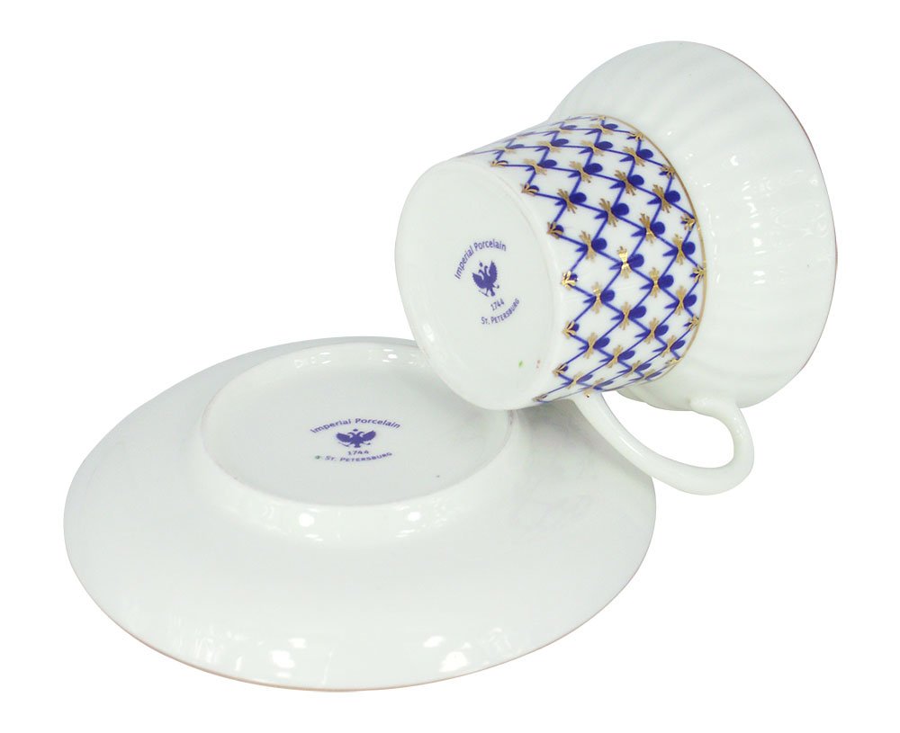Lomonosov Porcelain Wave Coffee Cup, Saucer and Dessert Plate 3pc