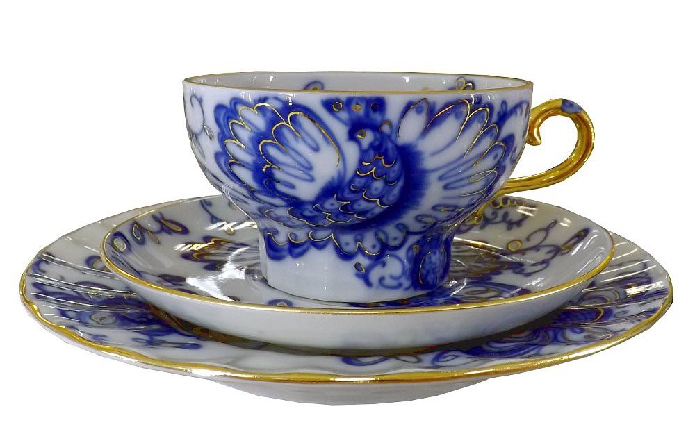 Lomonosov Porcelain Set Singing Garden 3 pc Cup 7.8 fl.oz/230 ml, Saucer and Cake Dessert plate