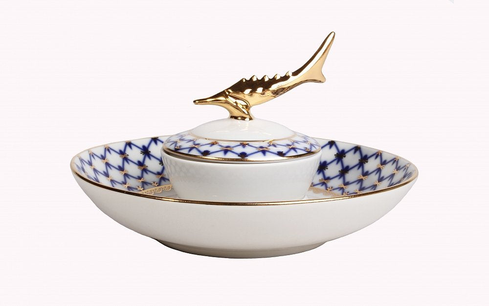 Lomonosov Russia Imperial Porcelain Beluga Caviar Dish Cobalt Net