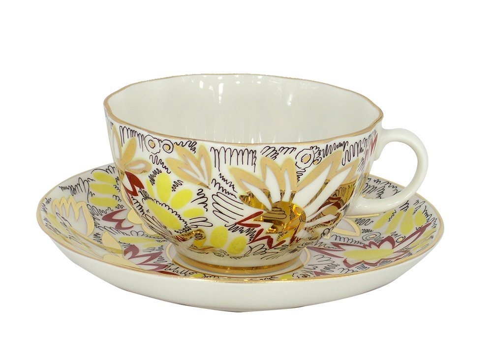 Lomonosov Porcelain Tea Set Cup and Saucer Tulip Golden Daisy 8.45 oz/250 ml