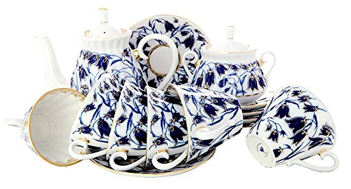 Lomonosov Porcelain Tea Set 6/14 Blue Bells: Tea Pot, Sugar Bowl and 6 Cups with Saucers