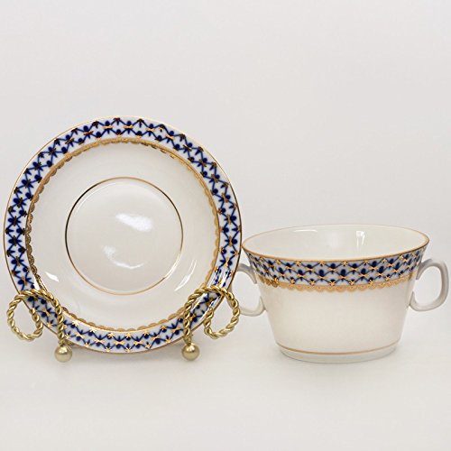 Imperial / Lomonosov Porcelain Soup Cup w/ Saucer 'Cobalt Net'