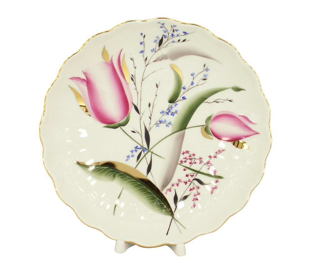 Lomonosov Porcelain Сookie Biscuit Pastry Cake Dish Pink Tulips 8.5"