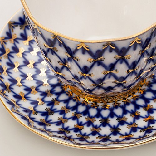 Imperial / Lomonosov Porcelain Coffee Cup w/ Saucer 'Cobalt Net'