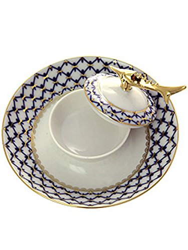 Lomonosov Russia Imperial Porcelain Beluga Caviar Dish Cobalt Net