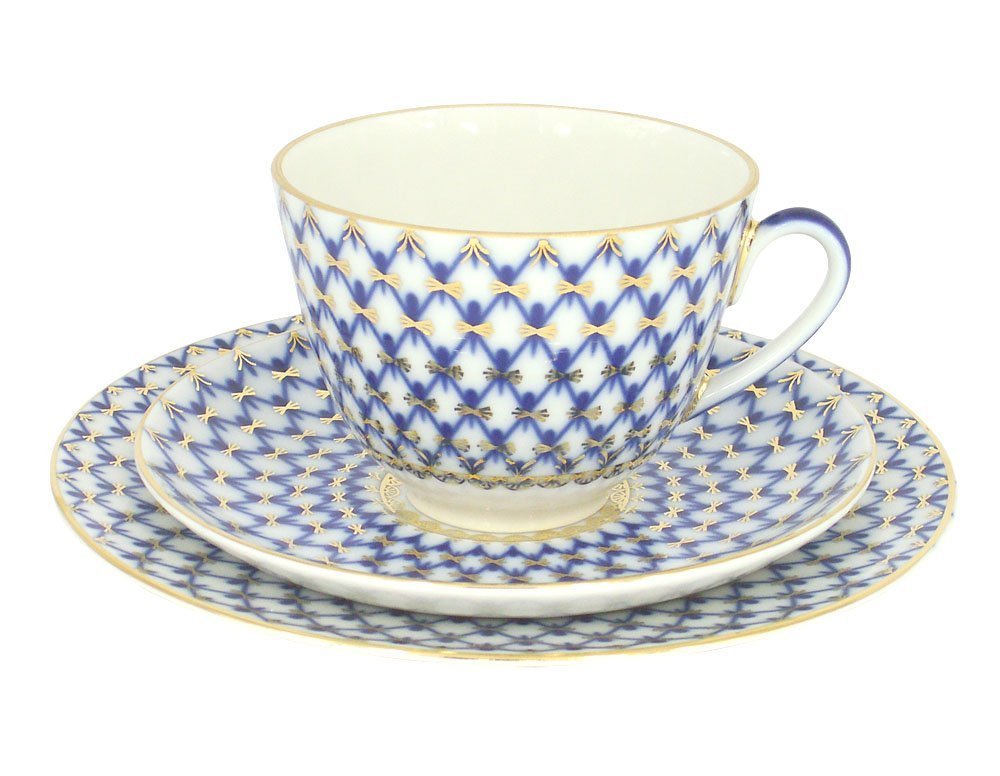 Lomonosov Porcelain Tea Set 3pc Cup, Saucer and Cake Plate Spring Cobalt Net 7.8 oz/230 ml