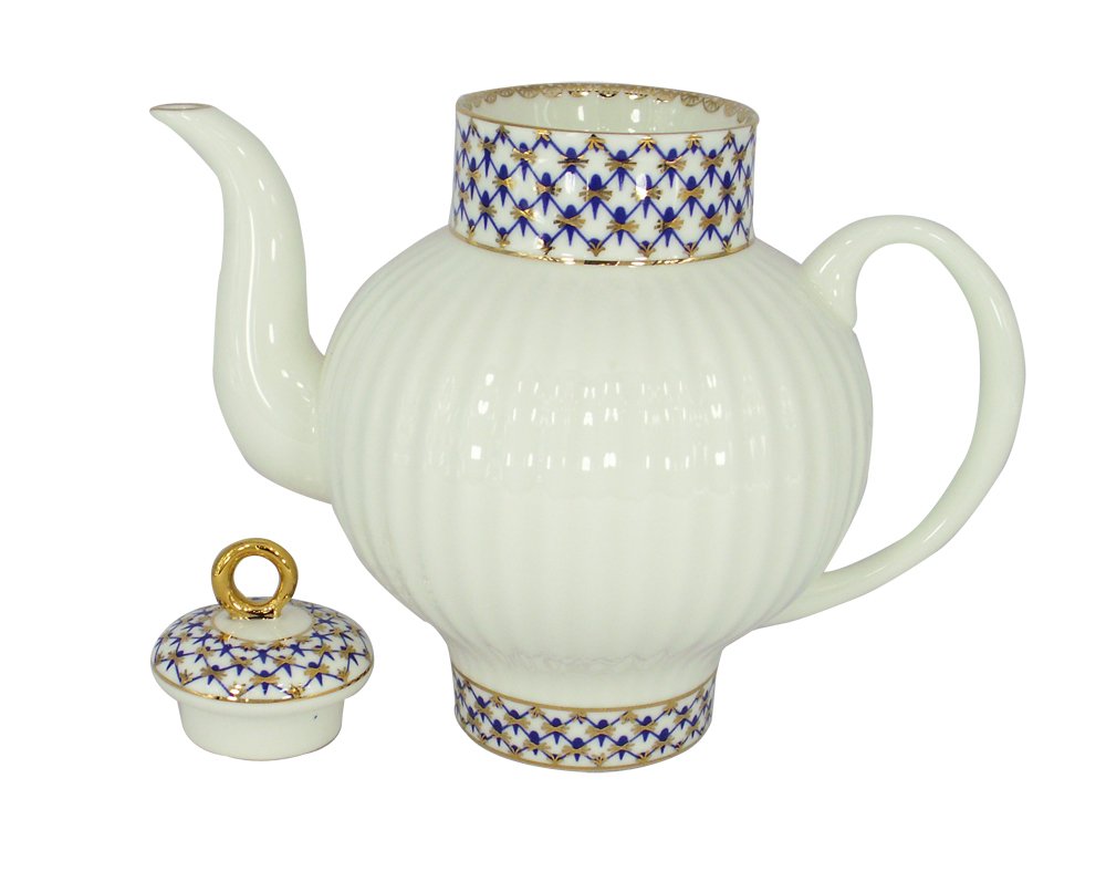 Lomonosov Porcelain Bone China Tea Pot Wave Cobalt Net 27 fl.oz/800 ml