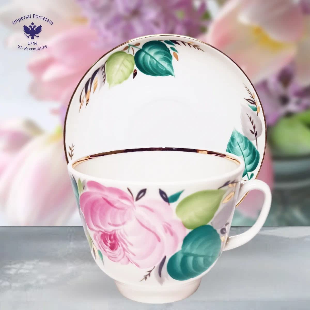 Lomonosov Porcelain Tea Set Cup and Saucer Love 12.7 oz/375 ml