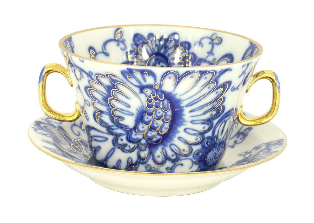 Lomonosov Porcelain Bouillon Soup Cup and Saucer Singing Garden 5.7 oz/170 ml