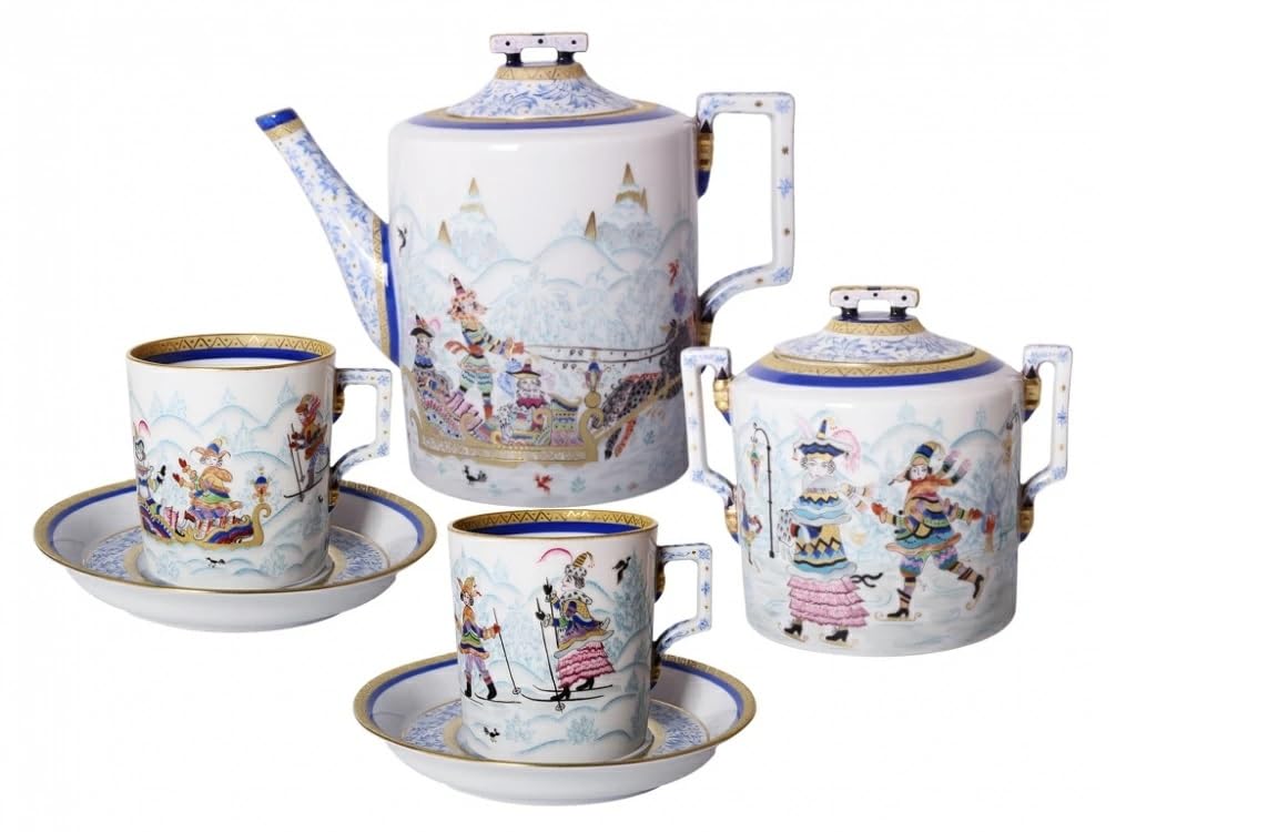 Lomonosov Porcelain Tea Set 4/10 Winter Fun, medium, White, Blue, Gold