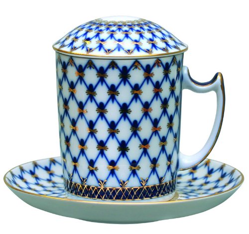 Lomonosov Covered mug and saucer, Snowy morning, Cobalt net, 380 ml with Dessert plate 200 mm