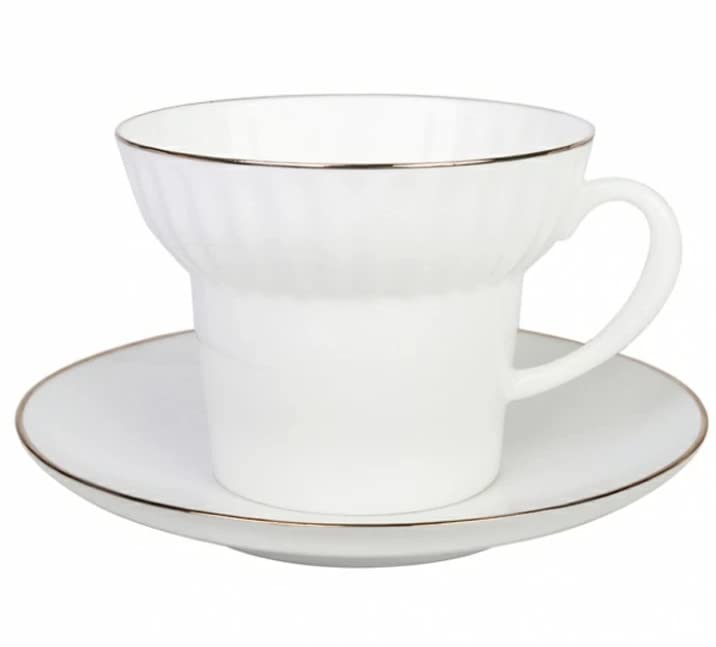 Lomonosov Porcelain Cup and Saucer Wave Gold Edging Bone China 5.3oz/175 ml