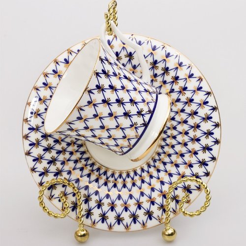 Imperial / Lomonosov Porcelain Teacup w/ Saucer "Cobalt Net"