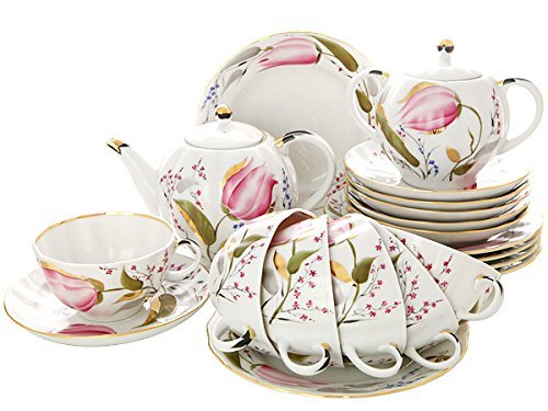 Lomonosov Porcelain Pink Tulips Tea Set 6/20: Tea Pot, Sugar Bowl, 6 Cups with Saucers and 6 Cake Plates