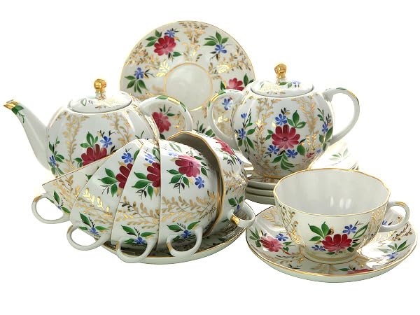 Lomonosov Imperial Porcelain Tea Set Tulip Golden Grasses 14pc