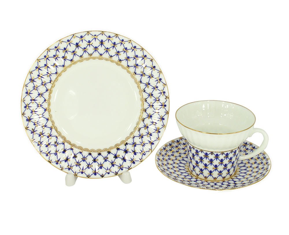 Lomonosov Porcelain Wave Coffee Cup, Saucer and Dessert Plate 3pc