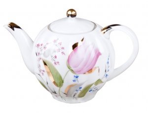 Lomonosov Porcelain Pink Tulips Tea Set 6/20: Tea Pot, Sugar Bowl, 6 Cups with Saucers and 6 Cake Plates