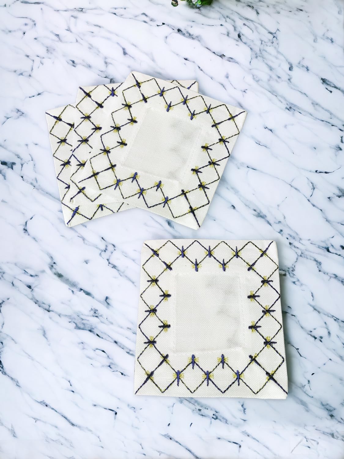 Lomonosov Embroidered Cobalt Net Patterns Table Accessories Set of 4