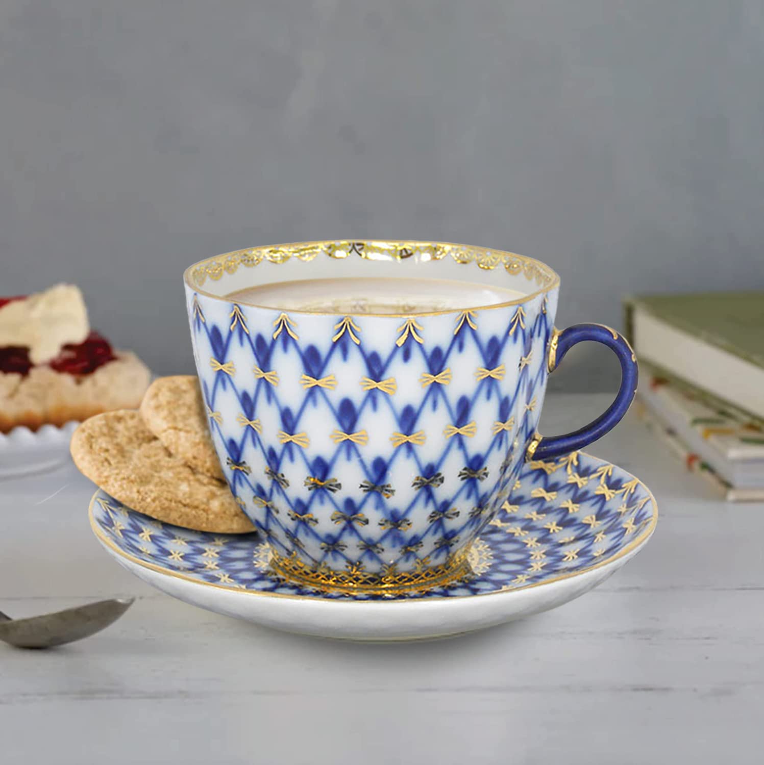 Lomonosov Porcelain Cobalt Net Coffee Cup and Saucer 3pc.