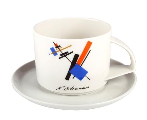 Lomonosov Imperial Porcelain Tea Cup and Saucer Suprematism Malevich 10 oz/295 ml, White, Blue, Black