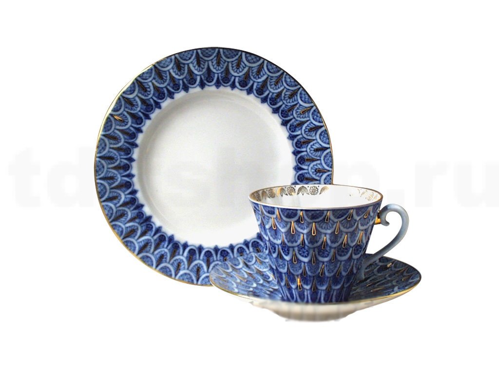 Lomonosov Porcelain Tea Set 6/20 Forget Me Not: Tea Pot, Sugar Bowl, 6 Cups with Saucers and 6 Cake Plates