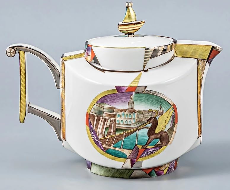 Lomonosov/Imperial Porcelain Bone China Tea Set 4/12 Saint-Petersburg View, small, White, Gold, Blue