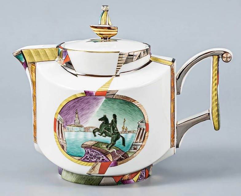 Lomonosov/Imperial Porcelain Bone China Tea Set 4/12 Saint-Petersburg View, small, White, Gold, Blue
