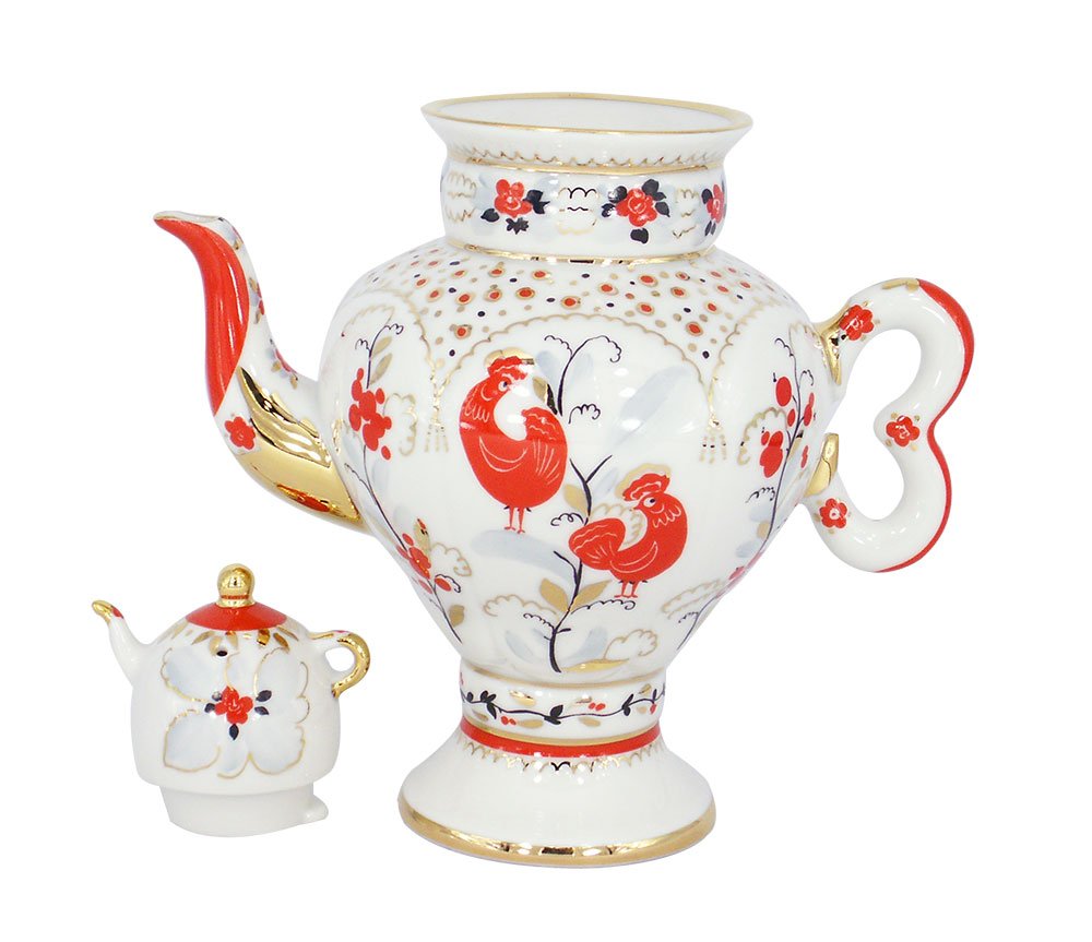 Lomonosov Porcelain Teapot Samovar Red Magic Birds 16.2 fl.oz/480 ml