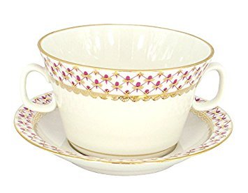 Lomonosov Porcelain Bouillon Soup Bowl and Saucer Red Net Blues 5.7 oz/170 ml