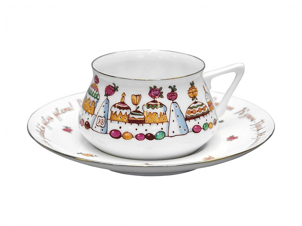 Lomonosov Porcelain Bone China Cup and Saucer Bilibina Easter Cake & Eggs 6 fl.oz/180ml