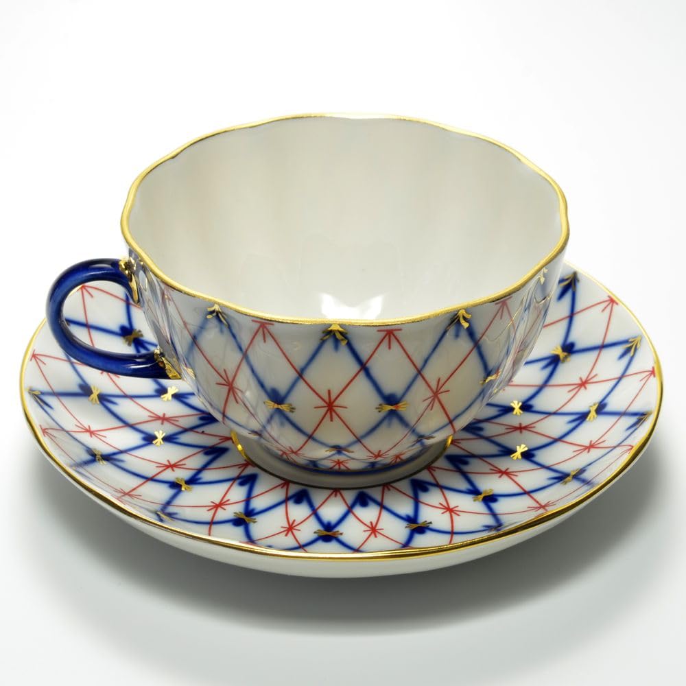 Lomonosov Porcelain Tulip Cobalt and Red Net Tea Cup and Saucer Set 8.45 oz/250 ml