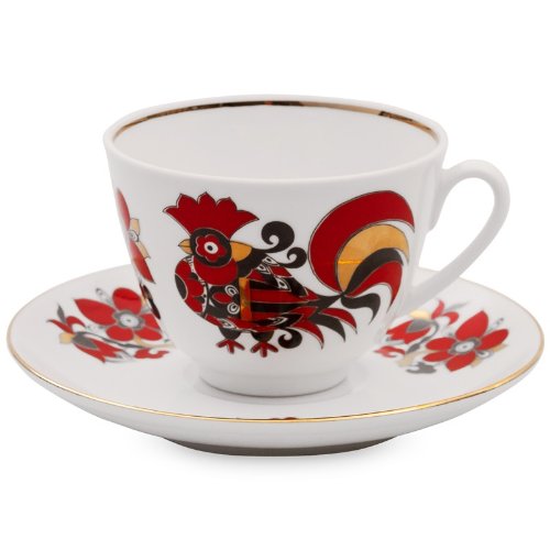 Imperial/Lomonosov Porcelain 'Red Roosters' Teacup w/Saucer